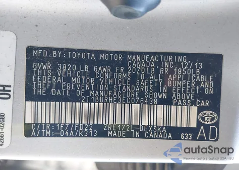 2014 Toyota Corolla S Plus from USA, damaged, VIN 2T1BURHE3EC076438